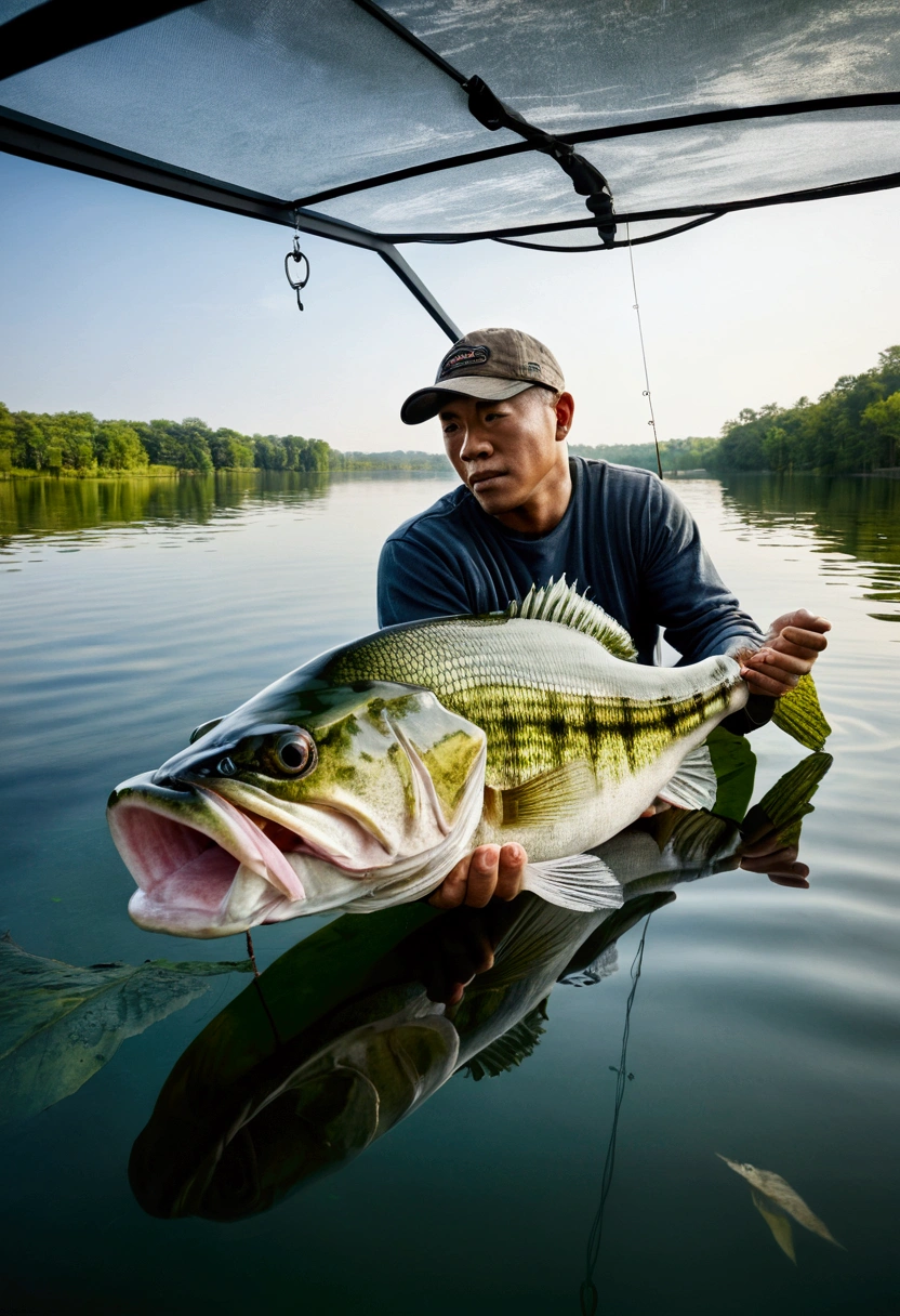 The largemouth bass inside is transparent.、Depicts a scene of a man in a boat fishing on a lake。