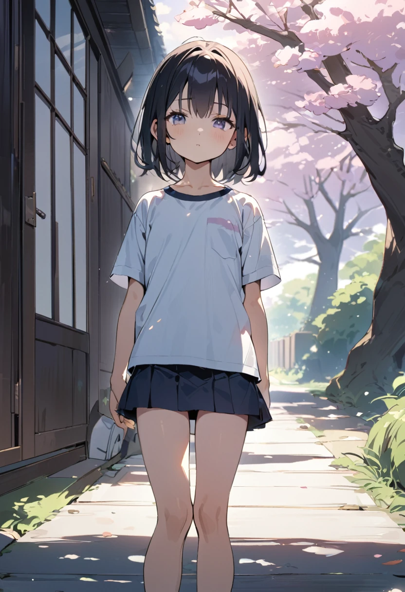 8K,masterpiece,Japanese,9-year-old girl,from the front,Innocent face,Calm Eyes,Childish,T-Shirts,Short sleeve,Short skirt,semi-long,noon,bright,Cherry tree
