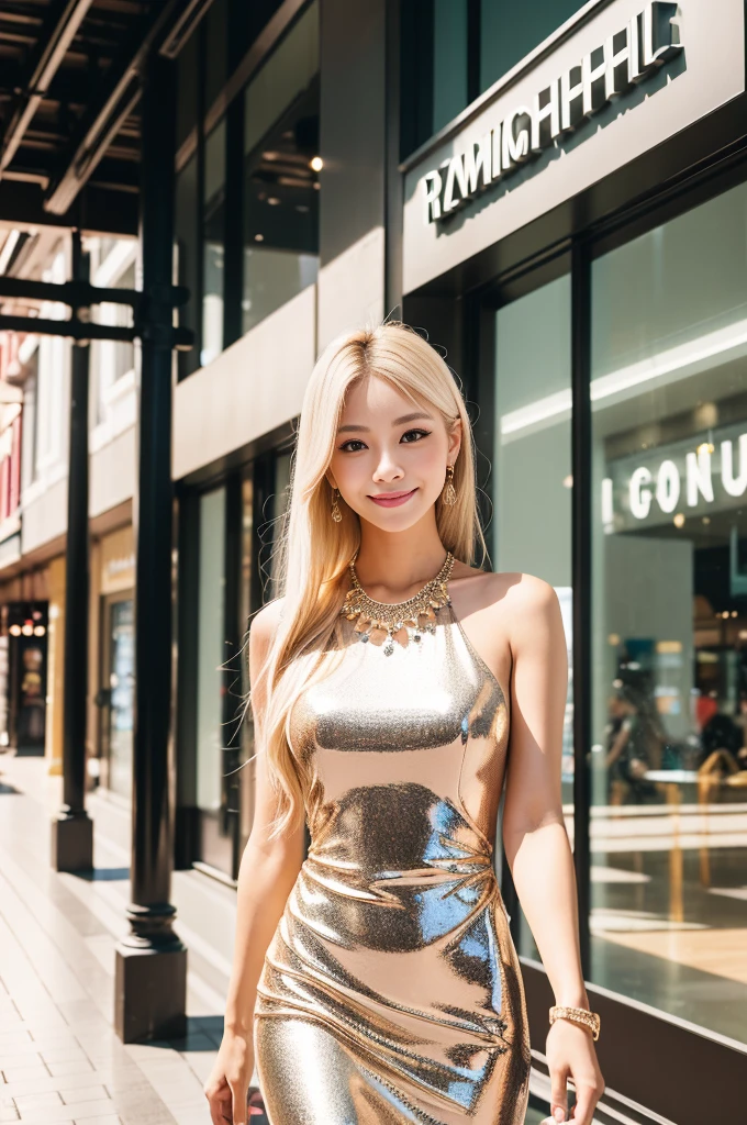 (best quality, 4k ,8k, highres, masterpiece:1.2), ultra-detailed, (realistic, photorealistic, photo-realistic:1.37), closeup, beautiful Thai woman, (slim girl), (happy smile), long lashes, beautiful makeup, platinum blonde hair, fair skin, slender figure, elegant posture, wearing large sparkling colorful jewelery, wearing a business style leather dress, standing in a large shopping mall, gentle sunlight shining through the shopping mall windows, casting a soft glow on her face, adding warmth to the scene, vibrant colors, capturing the essence of vibrant city life, portrait style, showcasing her natural beauty and grace in a feminine way