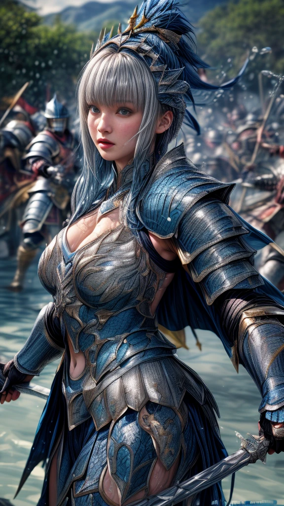 Very beautiful woman、Slender women、(Detailed face)、Realistic Skin、((Water Knight:1.1)), ((Dark blue armor))、((((Dark blue armor with very fine platinum detailing:1.5))))、((Delicate photo)),(Girl Astepeace RAW Photo Details:1.25), (Highest quality:1.6), (Ultra-high resolution:1.5), (Realistic:1.75), 8K resolution, Canon EOS R5, 50mm, Absurd, Super detailed,Cinema Lighting,((Fightfield))、((Fight))、(((White skirt with embellishments)))、Thigh-high socks、Shingard、((Light blue hair))、((Bowl cut hairstyle with bangs))、(Six Pack:1.1)、Cape、Beautiful Armor、(((Has a huge weapon)))、(In combat)、The wind is blowing、((Symmetrical armor))、((((splash:1.1))))、(((Leads a large group of blue knights:1.2)))、banner、(Armor with a dragon motif)、(((Battle Scenes)))、(blue Dragon)、((Browsing Caution:1.1))、(((Use the magic of water:1.2)))