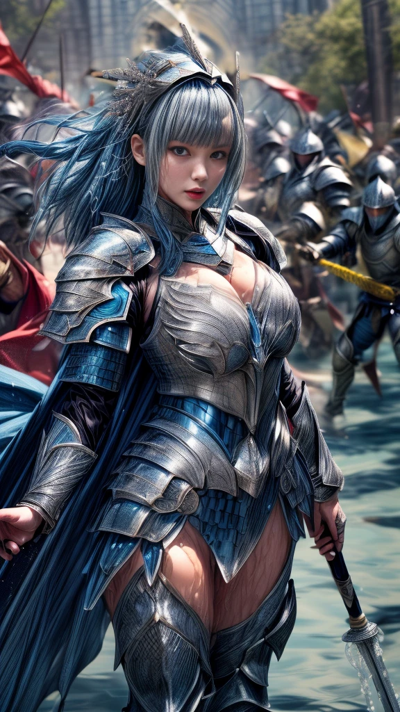 Very beautiful woman、Slender women、(Detailed face)、Realistic Skin、((Water Knight:1.1)), ((Dark blue armor))、((((Dark blue armor with very fine platinum detailing:1.5))))、((Delicate photo)),(Girl Astepeace RAW Photo Details:1.25), (Highest quality:1.6), (Ultra-high resolution:1.5), (Realistic:1.75), 8K resolution, Canon EOS R5, 50mm, Absurd, Super detailed,Cinema Lighting,((Fightfield))、((Fight))、(((White skirt with embellishments)))、Thigh-high socks、Shingard、((Light blue hair))、((Bowl cut hairstyle with bangs))、(Six Pack:1.1)、Cape、Beautiful Armor、(((Has a huge weapon)))、(In combat)、The wind is blowing、((Symmetrical armor))、((((splash:1.1))))、(((Leads a large group of blue knights:1.2)))、banner、(Armor with a dragon motif)、(((Battle Scenes)))、(blue Dragon)、((Browsing Caution:1.1))、(((Use the magic of water:1.2)))