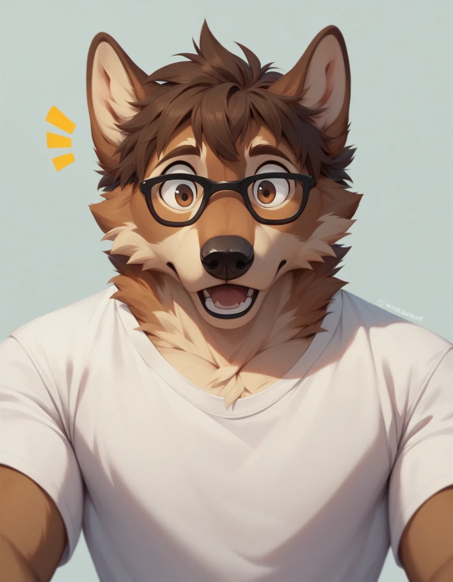 score_9,score_8_up,score_7_up, 2d art, an Anthro furry male wolf, adult male, brown eyes, brown shaggy hair, black glasses, wearing white t shirt, he looks surprised, upper body shot, front view, looking at viewer, mouth closed,
