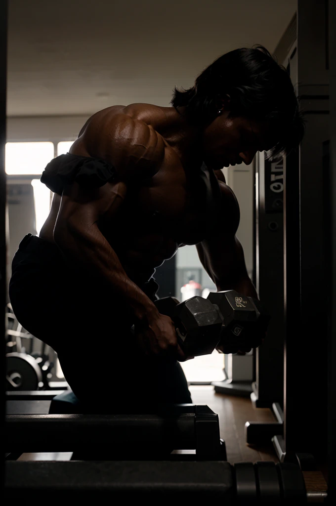 Black silhouette of a bodybuilder with dumbbells.
side view
