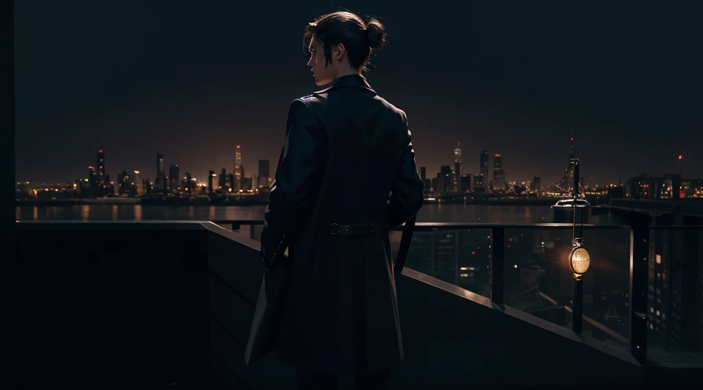 Draw a scene inspired by The Twilight Zone, with a city in the background and a mysterious figure from behind, holding a shiny pocket watch, ready to reveal a secret.