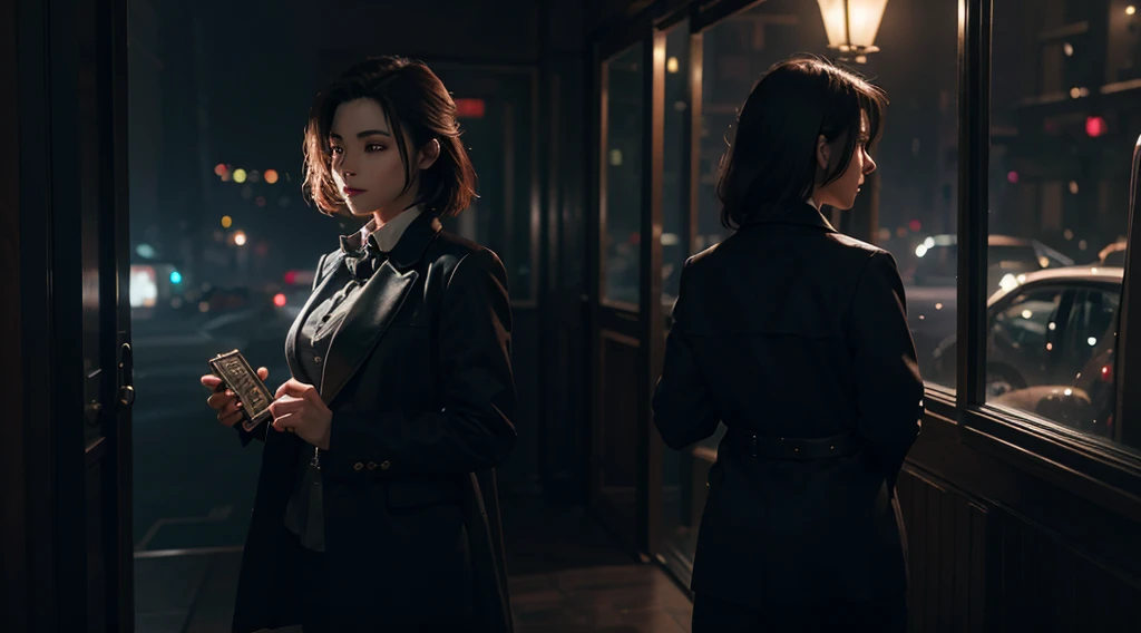 (A beautiful 25 years old Japanese female vampire:1.4), (short black hair:1.2), (pale skin), (detailed skin:1.4), (serious face), (wearing black tuxedo:1.4), (waist up shot:1.2), view from front, (dynamic action pose:1.2), (chiaroscuro lighting:0.8), (building rooftop at night:1.2), photo realism, intricate face detail, intricate hand details, highly detailed, vibrant colors, cinematic, 8k, trending on Artstation--style raw