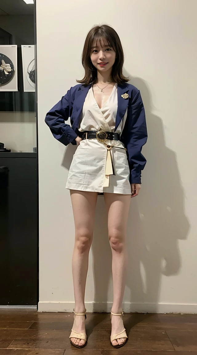 (8K、CRU photo、highest quallity、work of art:1.2)、(realisitic、Photoreal)、1 girl、((one piece、I can see your feet、waist belt、breasts big、seen from the front、Keep your legs apart with lots of eyelashes、Shine on the eyelids、Skeletally correct、sweaty body、Beautifully aligned fingertips、ssmile、standing with hands on hips、Above the sky