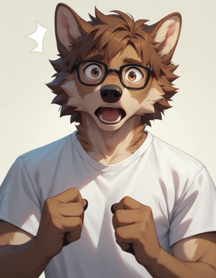 score_9,score_8_up,score_7_up, 2d art, an Anthro furry male wolf, adult male, brown eyes, brown shaggy hair, black glasses, wearing white t shirt, he looks surprised, upper body shot, front view, looking at viewer, mouth closed