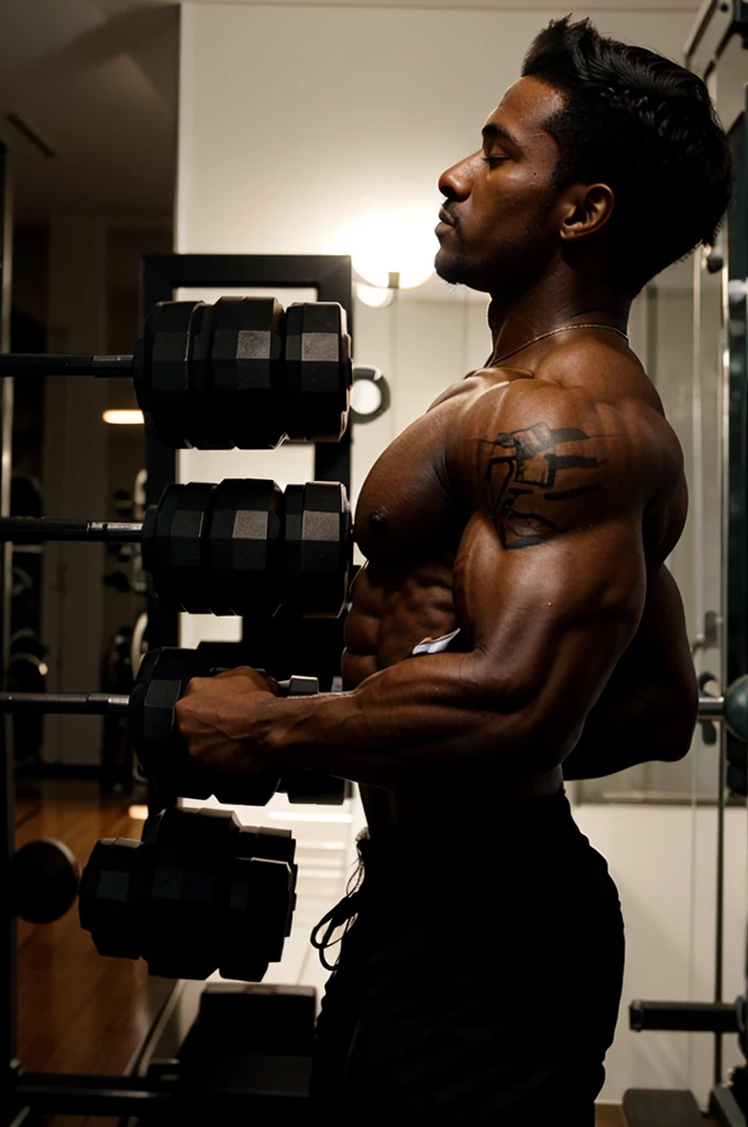 Black silhouette of a bodybuilder with dumbbells.
side view