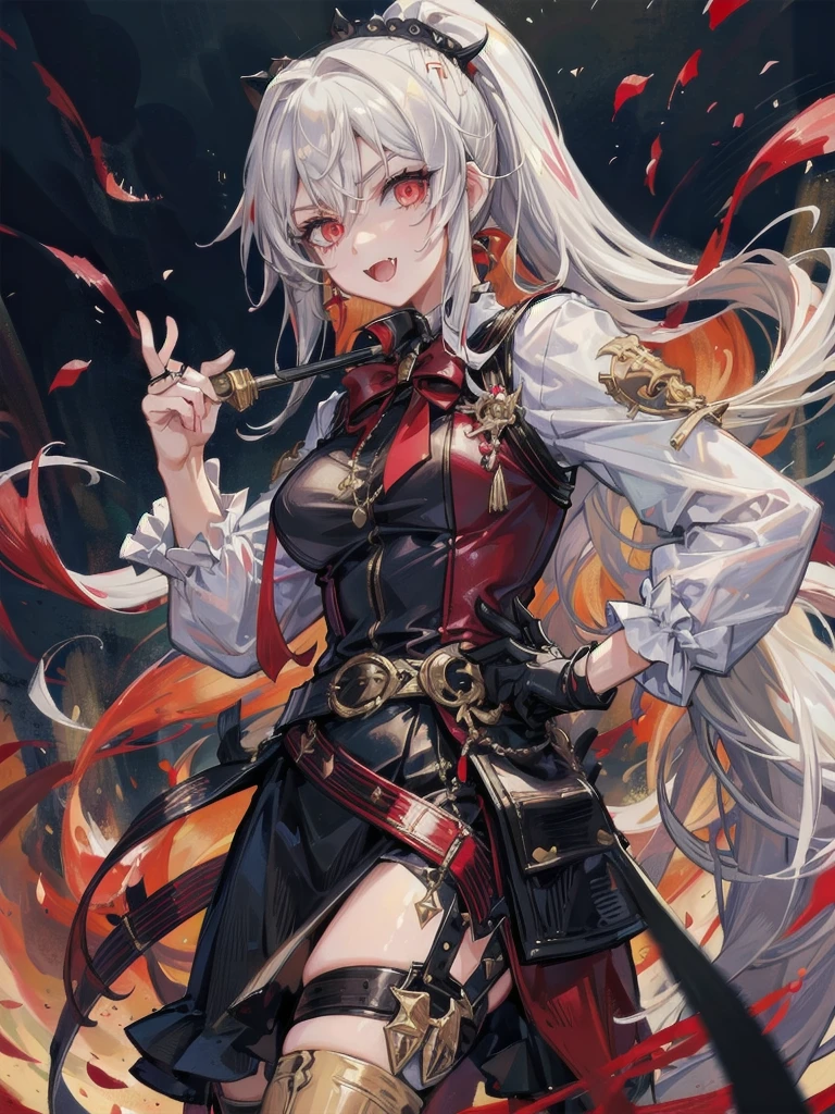 best qualtiy,Need,tmasterpiece,Very detailed,sportrait,one-girl,Vampires,White double ponytail,Fang,whaite hair,opulent,face to the viewer