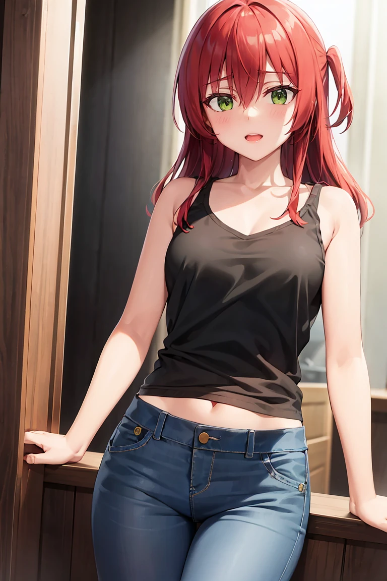 room, 1 Girl, Highest quality, Ultra-high resolution, Long Hair, Redhead, Green Eyes,Looking at the audience, Small breasts , Shy face、Watery eye, Open your mouth、Cowboy Shot、Tank top、Jeans trousers、Western-style room,