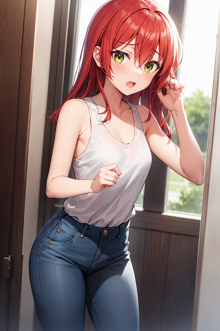 room, 1 Girl, Highest quality, Ultra-high resolution, Long Hair, Redhead, Green Eyes,Looking at the audience, Small breasts , Shy face、Watery eye, Open your mouth、Cowboy Shot、Tank top、Jeans trousers、Western-style room,