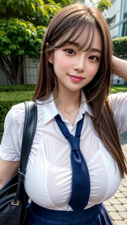8K,Highest quality, masterpiece, Super detailed, 超High resolution, Realistic, RAW Photos, Absurd, The absolute solution, One girl, alone,Upper Body, View your viewers,Young and cute girl in Japan, Japanese Idols,Super cute face, Attractive person, Huge breasts, Cleavage , Long Bob Hair ,smile,(school uniform:1.3), Walking to school with a smile on his face, Glossy Lips, Double eyelids on both eyes, Natural Makeup, Long eyelashes, shiny smooth light brown Long Bob Hair, Asymmetrical bangs, Shiny skin, Center image, High resolution, Attention to detail, Detailed hairstyle, Detailed face, Great cinema lighting, Octane Rendering, Vibrant, Ultra-realistic, Perfect limbs, Perfect Anatomy