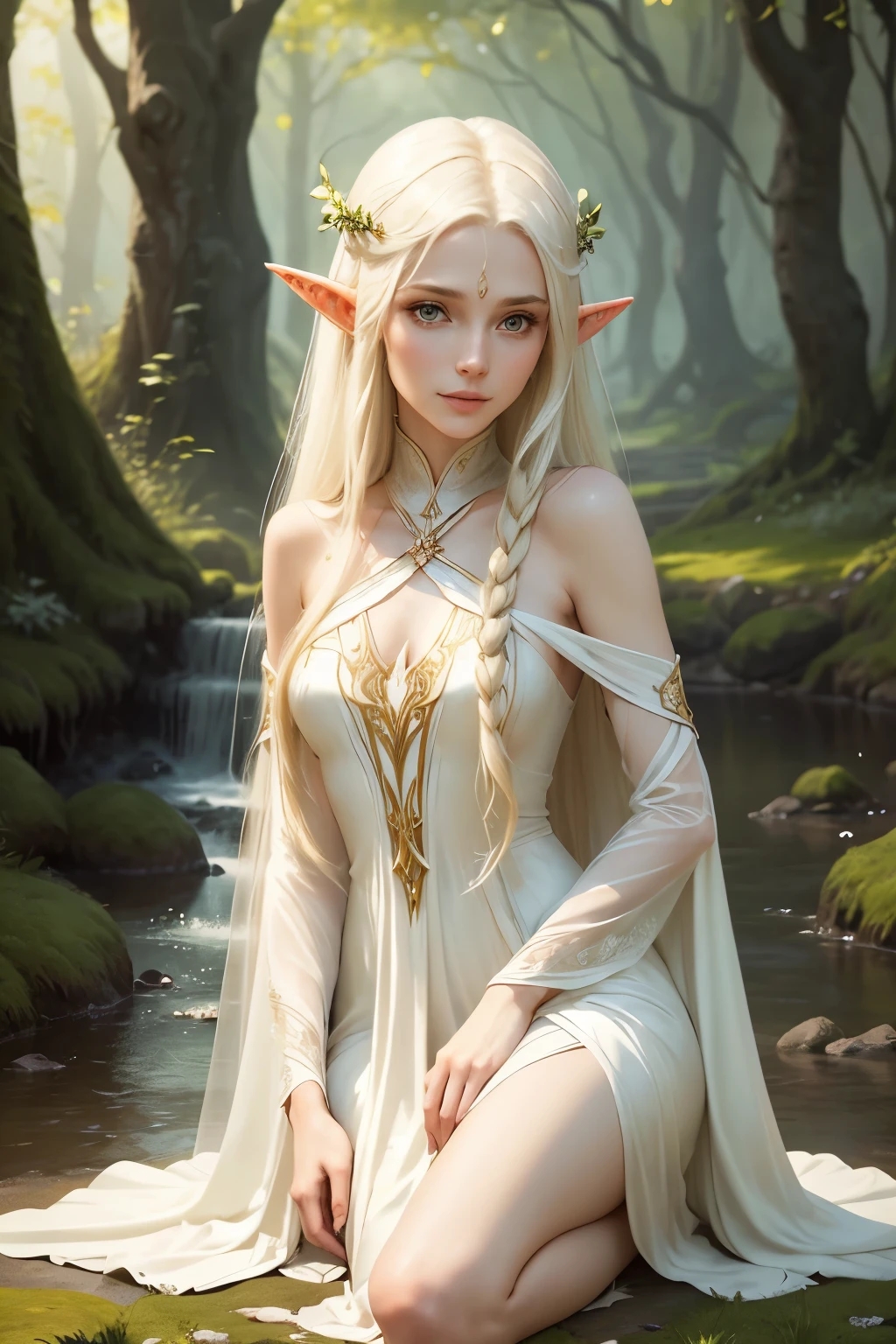 The elf priestess of love Elaria. Fair skin and long straight blond hair, pointed elven ears. A beautiful and ideal slender figure. Very beautiful, sweet, tender face, sensual lips. She is dressed in a light elfin dress made of white silk, consisting of thin ribbons that fall from the shoulders and cross at the waist, hanging down to the knees. The dress is slightly translucent, emphasizing her elven grace. She stands in the middle of a beautiful garden of an elven sanctuary with streams and lakes. Elaria gently smiles and looks into the camera, slightly parting her lips.
