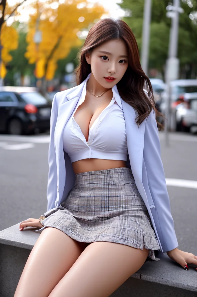 a 19 year old girl, she is the most beautiful actress in the world, the perfect body proportions of this girl, the blazer is appropriately buttoned up on the formal shirt above the short skirt that she wears, indirect bulge of her clothed large breasts, detailed genitalia of her lower body, the anus below the vagina inside the labia between the opened legs of this girl who is sitting on the bench, her crotch under the short skirt is worn nothing and exposed with her legs open, it's just the front of her body, it's just one description, her feet of her opened legs are both apart, at the street, nsfw, best quality, highly detailed, masterpiece, ultra high res, photo realistic, 8k, RAW photo