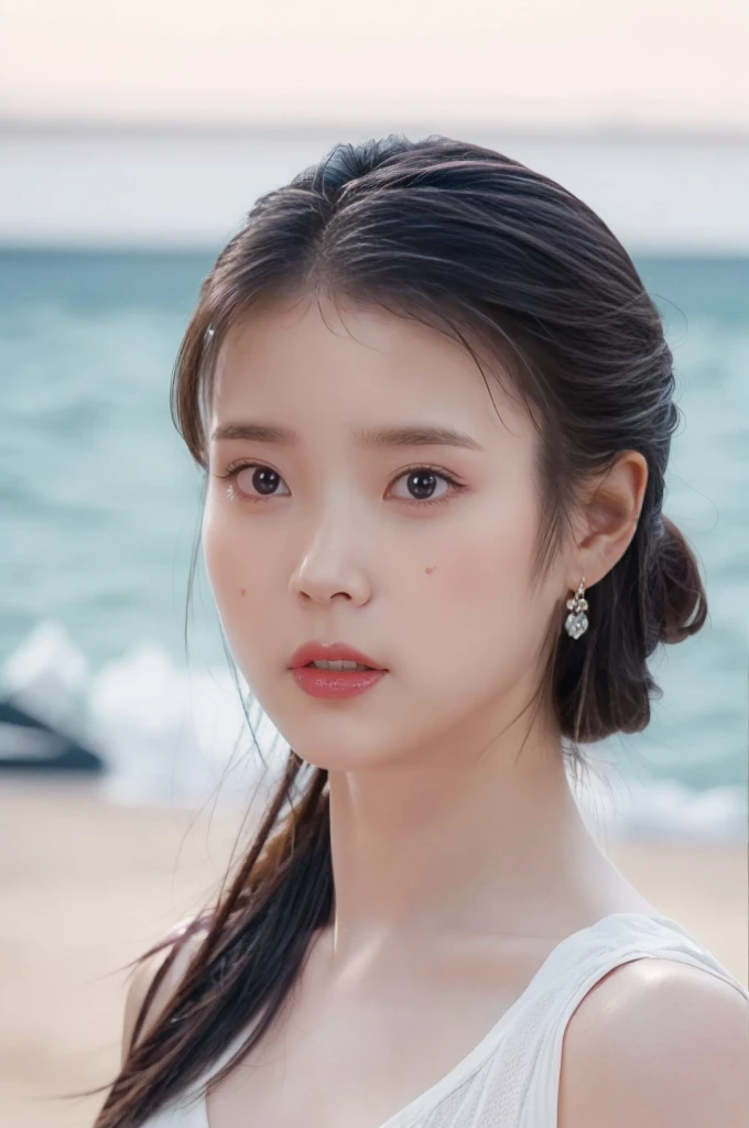 (Best quality, 8k, 32k, Masterpiece, UHD:1.2), 1girl, beautiy Japanese woman, a woman in denim shorts posing on the beach at sunset, Lee Ji Eun, hot with shining sun, casual pose, lee ji-eun, lee ji - eun, gorgeous young korean woman, korean girl, beautiful young korean woman, korean women's fashion model, sakimichan, IU