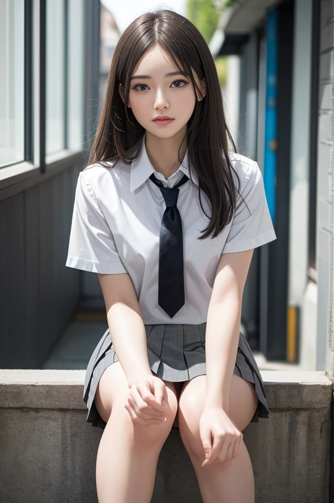 masterpiece, Highest quality, 8K, 85mm Portrait, Absurd, beautiful girl, cute, street, (school uniform, White shirt, Short sleeve), (Grey pleated mini skirt:1.5), (Dark grey tie:1.2), Long Hair, The body is slim, Large Breasts,neon, Natural Makeup, perspective, Written boundary depth, Ultra-realistic, High resolution, photograph, Sharp focus, High resolution, Face Light, Dynamic Lighting, Most detailed, Very detailed, Very detailedな, In detail, Real Skin, Delicate facial features,I can see your beautiful thighs,Shooting from the knees to the overhead,
