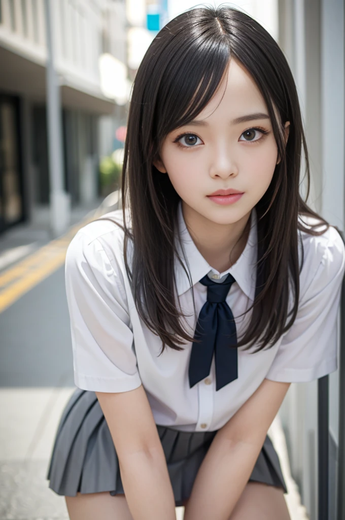 masterpiece, Highest quality, 8K, 85mm Portrait, Absurd, beautiful girl, cute, street, (school uniform, White shirt, Short sleeve), (Grey pleated mini skirt:1.5), (Dark grey tie:1.2), Long Hair, The body is slim, Large Breasts,neon, Natural Makeup, perspective, Written boundary depth, Ultra-realistic, High resolution, photograph, Sharp focus, High resolution, Face Light, Dynamic Lighting, Most detailed, Very detailed, Very detailedな, In detail, Real Skin, Delicate facial features,I can see your beautiful thighs,Shooting from the knees to the overhead,
