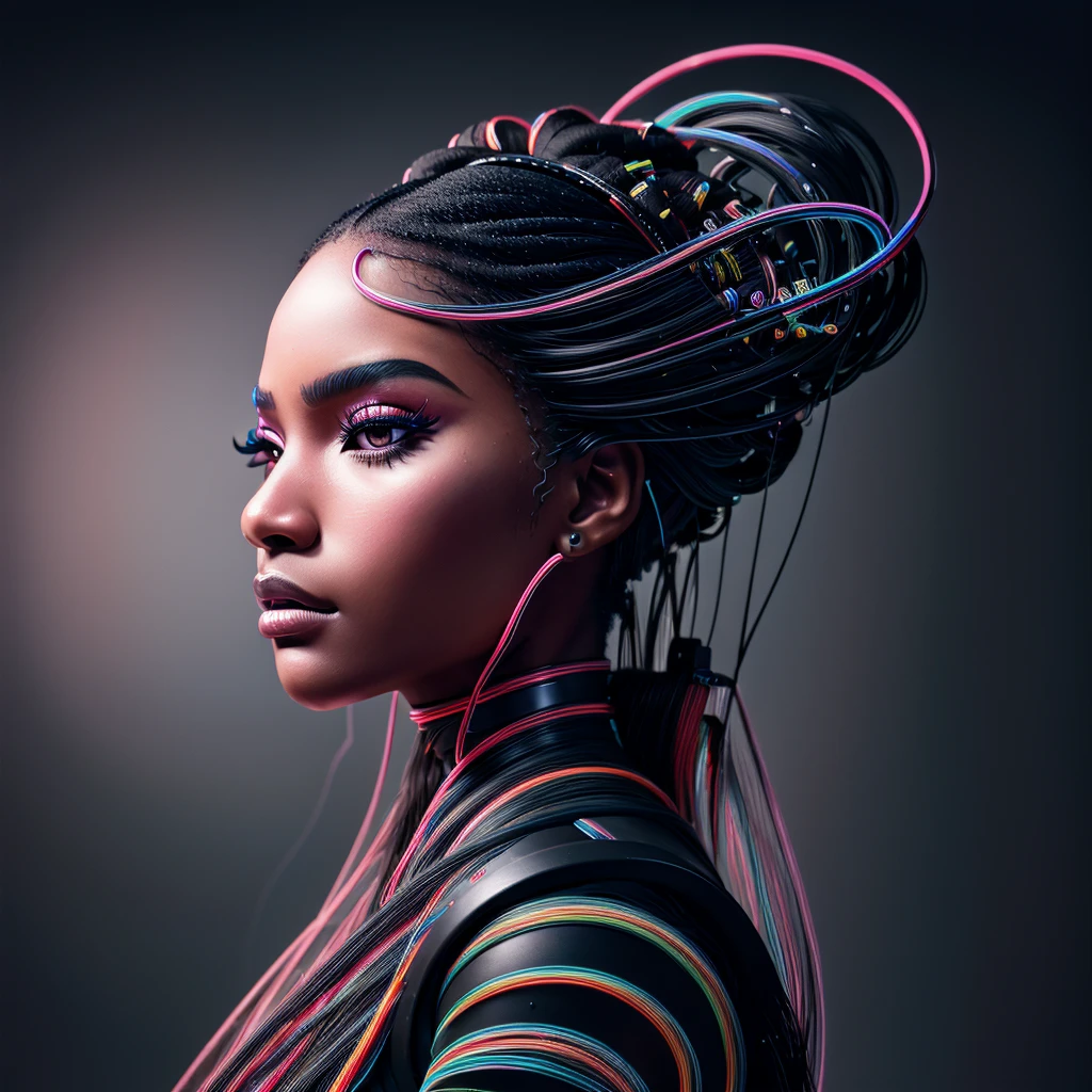 (((close up photo))) (((side face photo))) raw photo taken from Fujifilm, a black woman of stunning beauty, long black hair with neon lights, half head brain with wires, metal head, head intricately designed androids full of wires and circuits, immersed in her own digital world.
