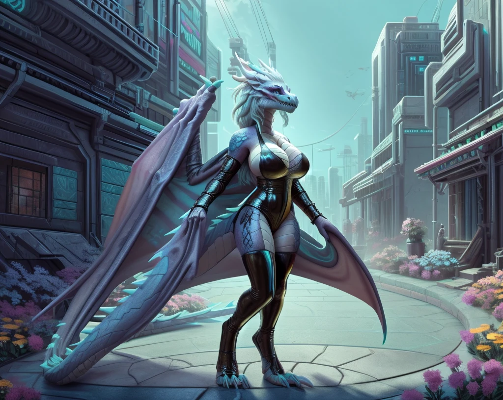 an extremely talented impressionist painting of mature AurothDOTA wyvern in cyberpunk setting, standing, summer, town park, flowers bloom, skyscrapers in distance, masterpiece, best quality, ultra-high-detailed, feral, female, anthro, detailed scales, slim body, athletic, curvy, light blue mane, uploaded on e621, nsfw, questionable content, scalie, wings, wyvern, focus on face, serious face, 1girl, solo, blush, large breasts, latex dress, sideless outfit, arm guards, latex thighihighs, fishnets, cross-laced clothes