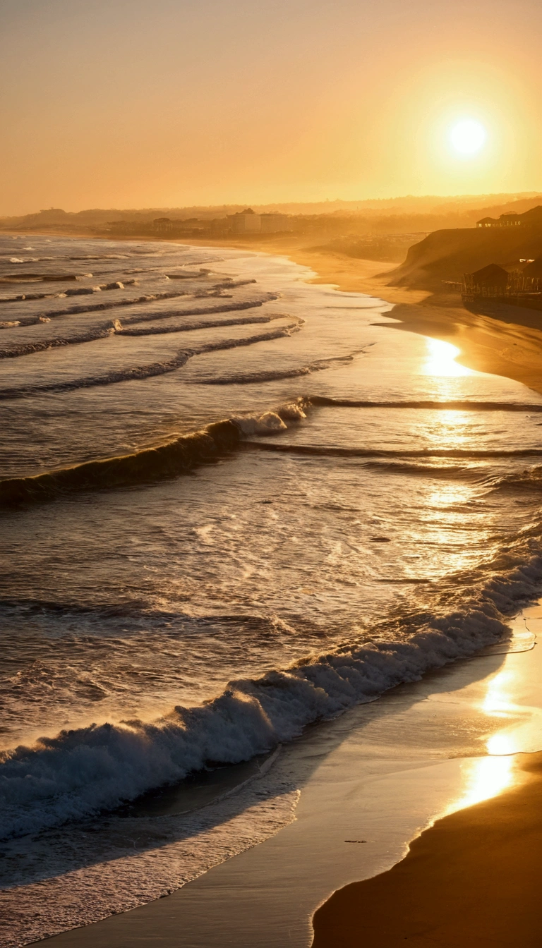(best quality,Masterpiece:1.2),movie movie light,Warm and soft light,sunset,rolling waves,ocean beach,There is no human being.