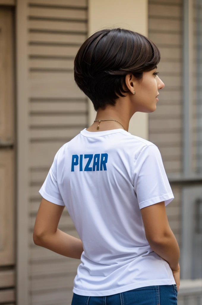 Woman with short hair from behind wearing a Colombian national team t-shirt that says Mayerling