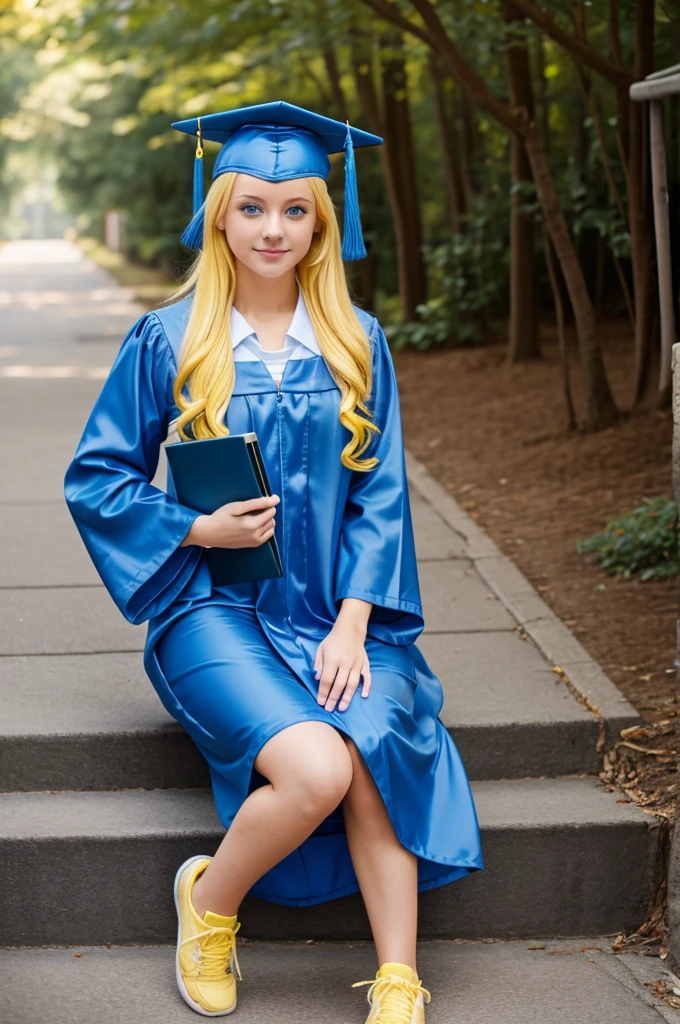 Full body graduate girl with blue cap and gown yellow hair light blue eyes