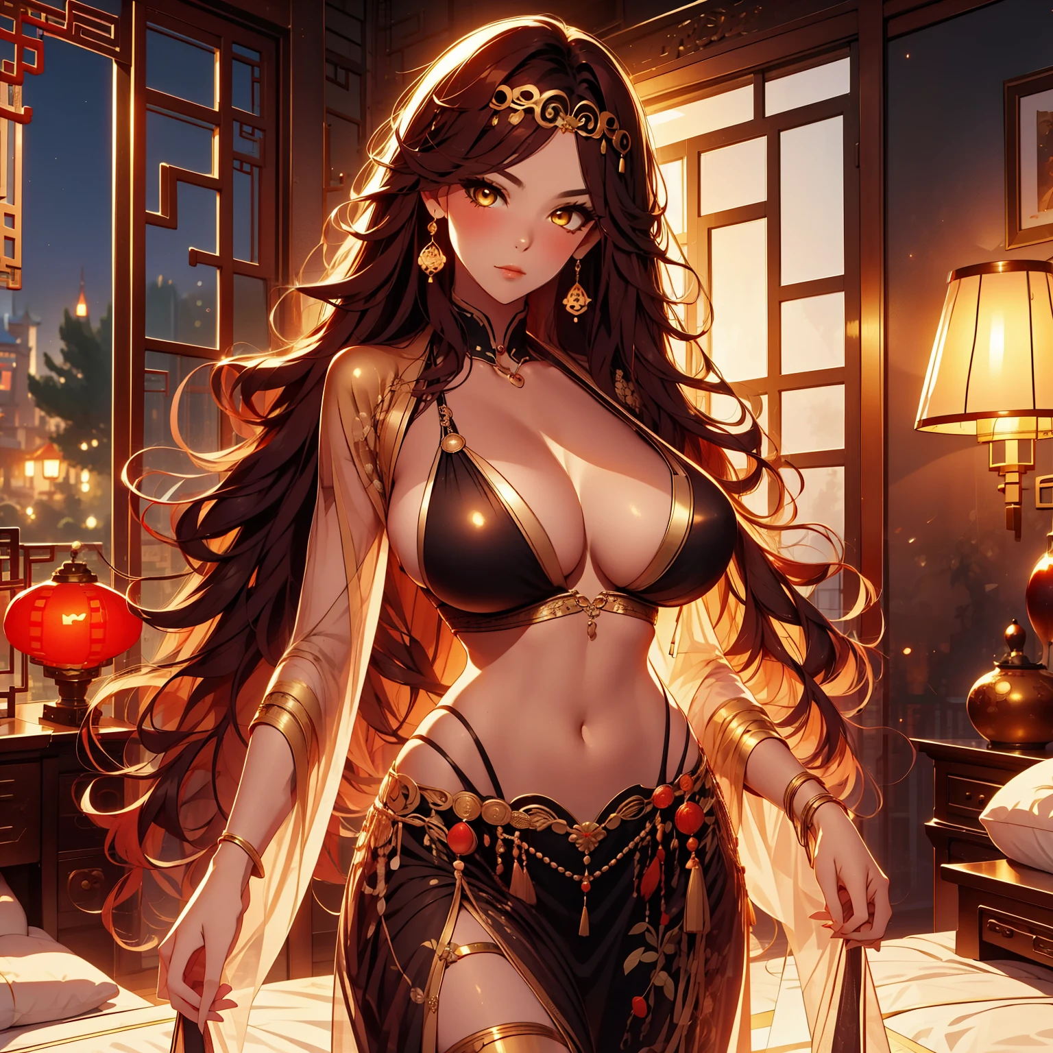 beautiful, marika, queen marika, black dress, deep cleavage, wavy red hair, golden eyes, bra, sexy, sensual, dancing, chinese style bedroom, night, flowers, belly dance, sensual dancer, seduce, dance, solo, 1 girl, solo girl, pulls her hair,