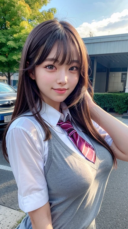 8K,Highest quality, Tabletop, Ultra-detailed, 超High resolution, Realistic, RAW Photos, Absurd, The absolute solution, One Girl, Upper Body Shot, View your viewers,Young and beautiful woman in Japan, Super cute face, Attractive person, Large Breasts,Long Bob Hair,smile,(school uniform:1.3),Beautiful Eyes,(the wind is strong:1.3), 混雑した道をsmileで歩く,Glossy Lips, Double eyelids on both eyes, Natural Makeup, Long eyelashes, 光沢のある滑らかなライトブラウンのLong Bob Hair, Asymmetrical bangs, Shiny skin, Center image, High resolution, Attention to detail, Detailed hairstyle, Detailed face, Great cinema lighting, Octane Rendering, Vibrant, Ultra-realistic, Perfect limbs, Perfect Anatomy