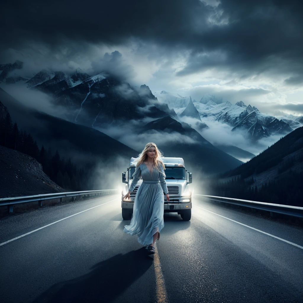arafed woman walking on a road with a truck in the background, matte painting portrait shot, dramatic epic cinematic lighting, dramatic lighting fantasy, 3 d render and matte painting, traveling through the mountains, photography alexey kurylev, realistic fantasy photography, photography alexey gurylev, soft focus matte painting, she is arriving heaven, cinematic photograph concept art