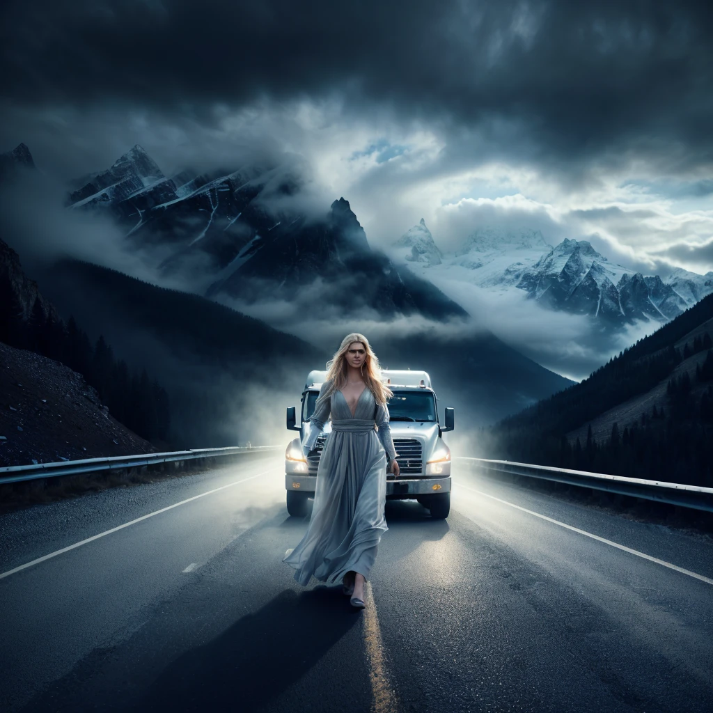 arafed woman walking on a road with a truck in the background, matte painting portrait shot, dramatic epic cinematic lighting, dramatic lighting fantasy, 3 d render and matte painting, traveling through the mountains, photography alexey kurylev, realistic fantasy photography, photography alexey gurylev, soft focus matte painting, she is arriving heaven, cinematic photograph concept art