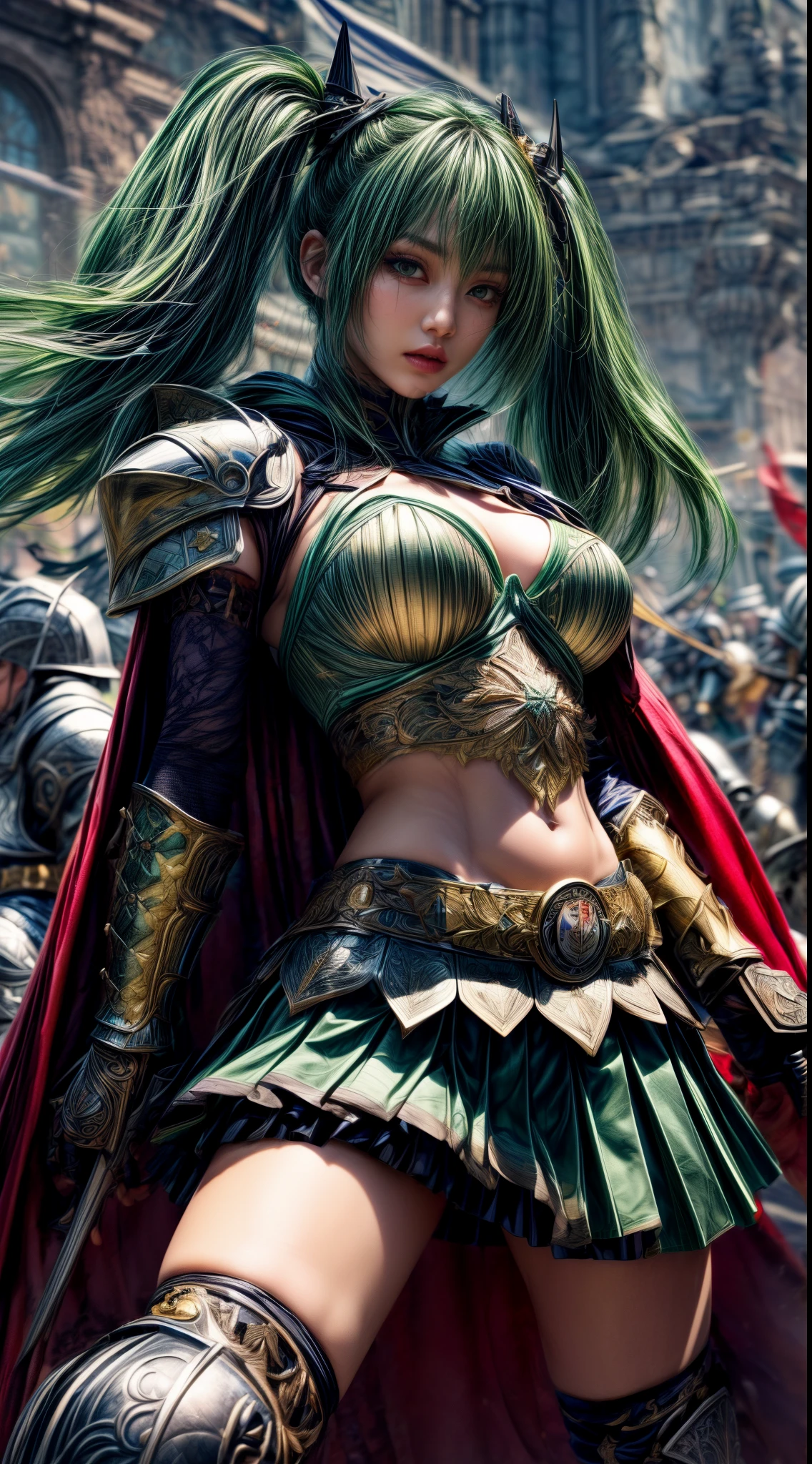 very cute 、No makeup、thin、(((Low length)))、(Detailed face)、Realistic Skin、((Holy Knight)), ((Dark green armor))、((((A black armor with extremely detailed and intricate decoration.:1.1))))、((Delicate photo))，(Girl Astepeace RAW Photo Details:1.25), (Highest quality:1.6), (Ultra-high resolution:1.5), (Realistic:1.75), 8K resolution, Canon EOS R5, 50mm, Absurd, Super detailed,Cinema Lighting,((Fightfield))、((Fight))、(((Decorative green skirt)))、Thigh-high socks、Shingard、((Dark green hair))、((Low twin tails))、((Bangle color hairstyle))、Get a six pack、Cape、Beautiful Armor、(((Has a huge weapon)))、(In combat)、The wind is blowing、((Symmetrical armor))、((((tornado))))、(((Lead a large group of knights:1.2)))、banner、Lion-themed armor、(((Battle Scenes)))