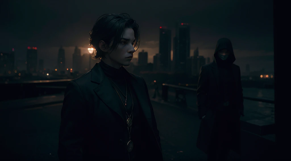 a mysterious figure holding a shiny pocket watch, a city in the background, moody lighting, dramatic shadows, cinematic composition, the twilight zone, dark and ominous atmosphere, highly detailed, photorealistic, chiaroscuro lighting, dramatic pose, intricate details, cinematic mood, masterpiece, 8k, ultra-detailed, hyperrealistic, moody color palette, dramatic lighting, high contrast, dramatic angles, cinematic framing, mysterious and unsettling