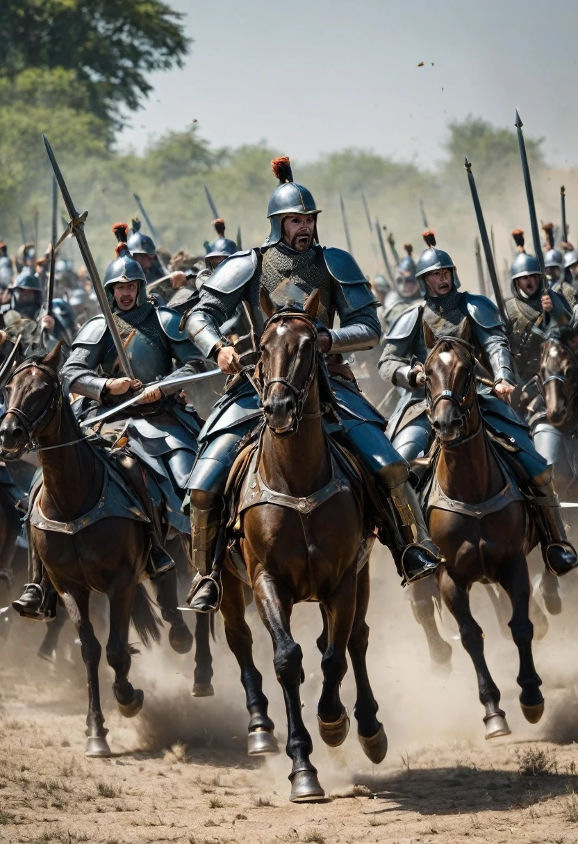 cavalry with soldiers with iron swords fleeing from soldiers armed with firearms.