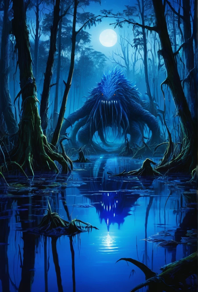Night swamp monsters dazzled by intense blue light