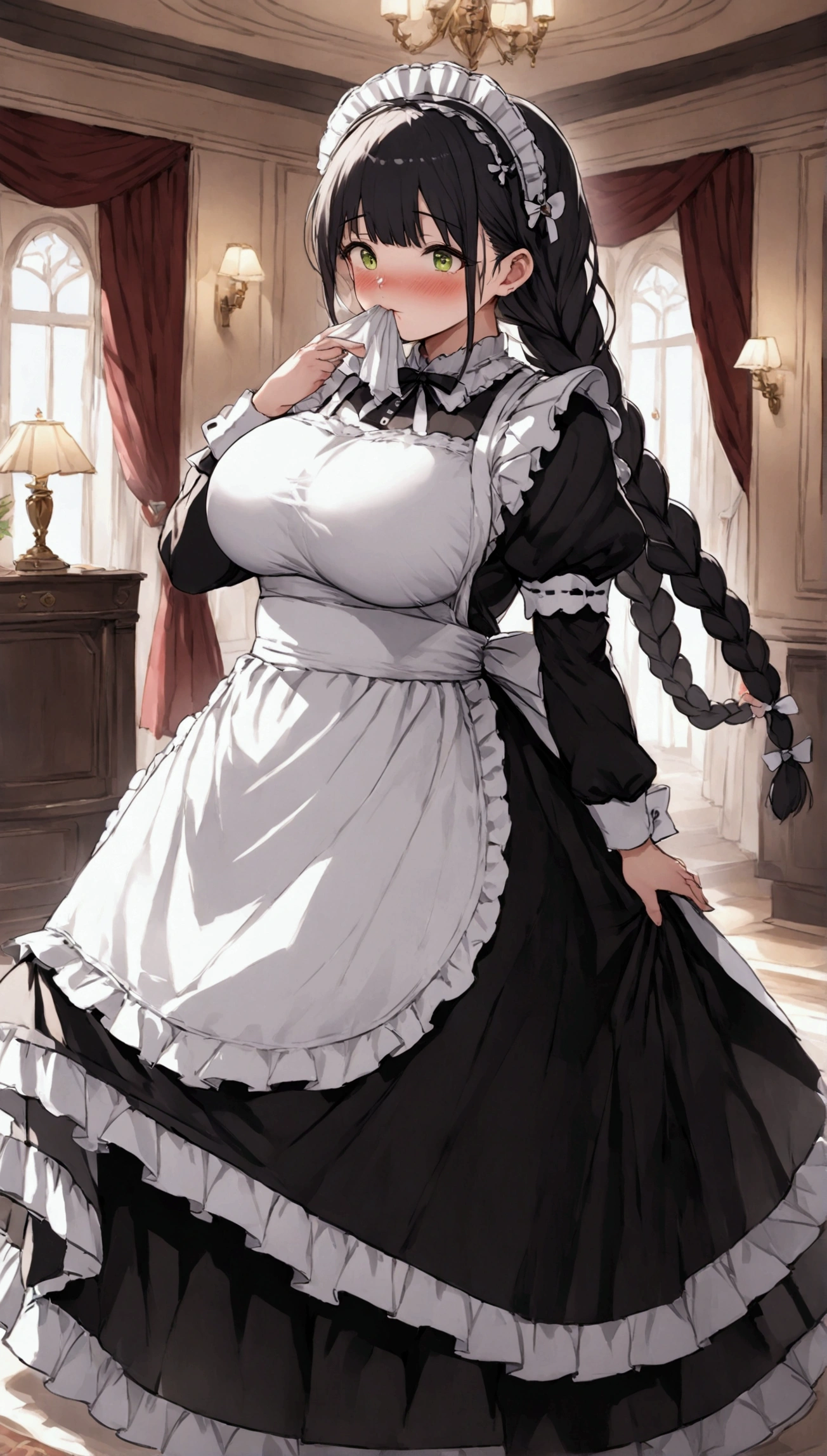 Anime. 1 girl. Housemaid. Ssbbw. Black hair. Long hair. Hair is gathered in braids. Green eyes. Beautiful eyes. Perfect eyes. Expressive eyes. Beautiful nose. Snotty nose. Very fat body. Very thick hands. Very thick legs. Big fat belly. Big fat ass. Big breasts. Beautiful breasts. Maid uniform. Cold. Runny nose. Snot flows from the nose. Handkerchief in hands. Hands on face. Blows his nose into a handkerchief. Standing. Full height. Living room of a luxury mansion. Embarrassment. Blush. Whole body. Extremely detailed CG Unity 8k wallpaper. Ideal lighting. Ultra high resolution 4K. Super detailed 8K resolution.
