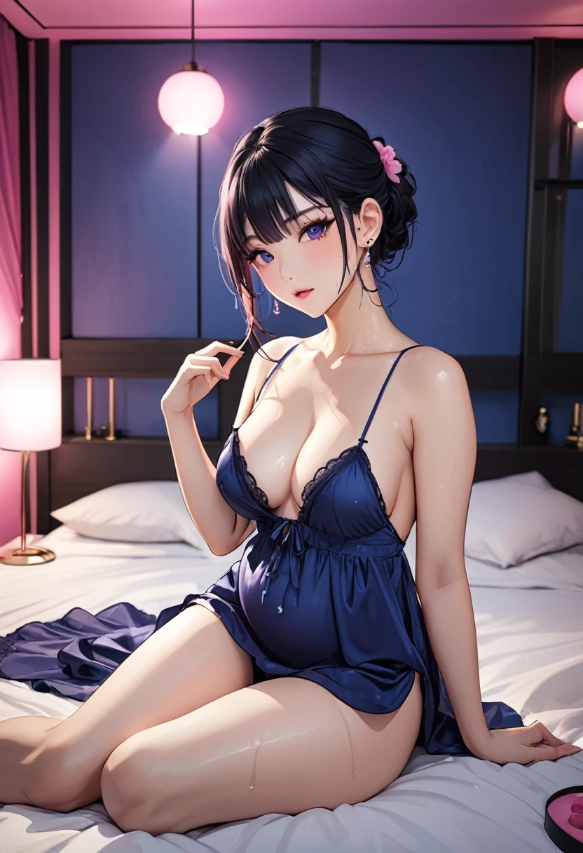 woman,Beautiful Face、Beautiful Skin、Fair skin、Attractive face、Expressions to invite men、ear piercing、Belly Piercing、Love Hotel、Pink lighting、Sit on a large bed、Adult Toys、Navy blue negligee、Navy blue panties、Wet Hair、Wet body、Updo、Black Hair、Draw the whole body