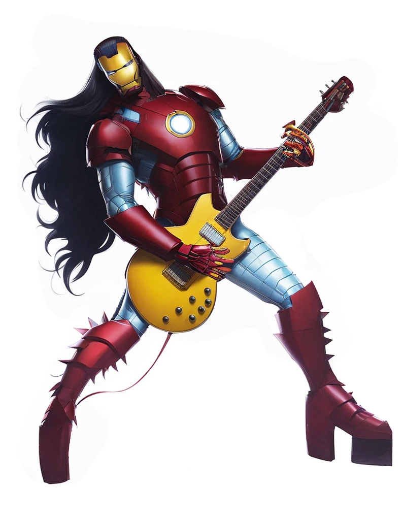 Iron Man, spikes on costume, platform shoes playing yellow golden electric guitar, back arched back, head tilted,  long flowing hair 