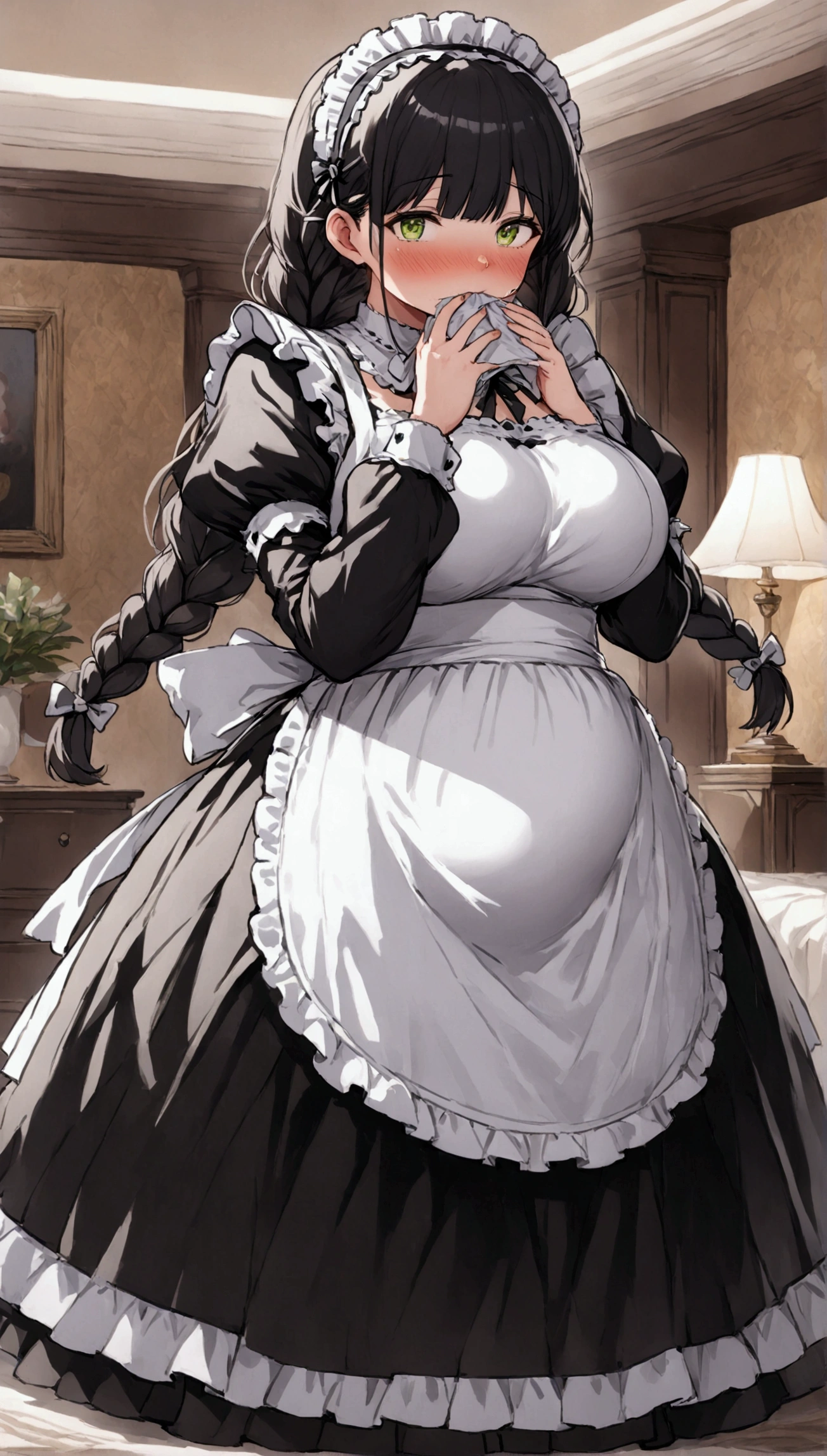 Anime. 1 girl. Housemaid. Ssbbw. Black hair. Long hair. Hair is gathered in braids. Green eyes. Beautiful eyes. Perfect eyes. Expressive eyes. Beautiful nose. Snotty nose. Very fat body. Very thick hands. Very thick legs. Big fat belly. Big fat ass. Big breasts. Beautiful breasts. Maid uniform. Cold. Runny nose. Snot flows from the nose. Handkerchief in hands. Hands on face. Blows his nose into a handkerchief. Standing. Full height. Living room of a luxury mansion. Embarrassment. Blush. Whole body. Extremely detailed CG Unity 8k wallpaper. Ideal lighting. Ultra high resolution 4K. Super detailed 8K resolution.