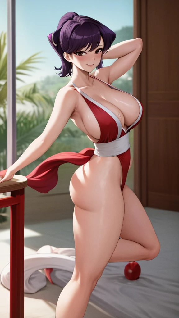 masterpiece, best quality, beautiful art, high resolution, well formed hands, body and fingers, 1 woman, solo, Komi Suuko, purple hair, grown up, cosplaying as Mai Shiranui , mai_shiranui_cosplay, adult, large and round breasted, cleavage full body picture , hair ribbon, gorgeous legs and, thighs, sexy Japanese clothes, hair ornament , sexy legs , hips and thighs, dancing seductively and erotically, turning backwards and forwards, showing her back and front, showing her butt, red t back thong, smiling joyfully, sweating ,looking at the viewer, flirting, biting her lips, beach environment