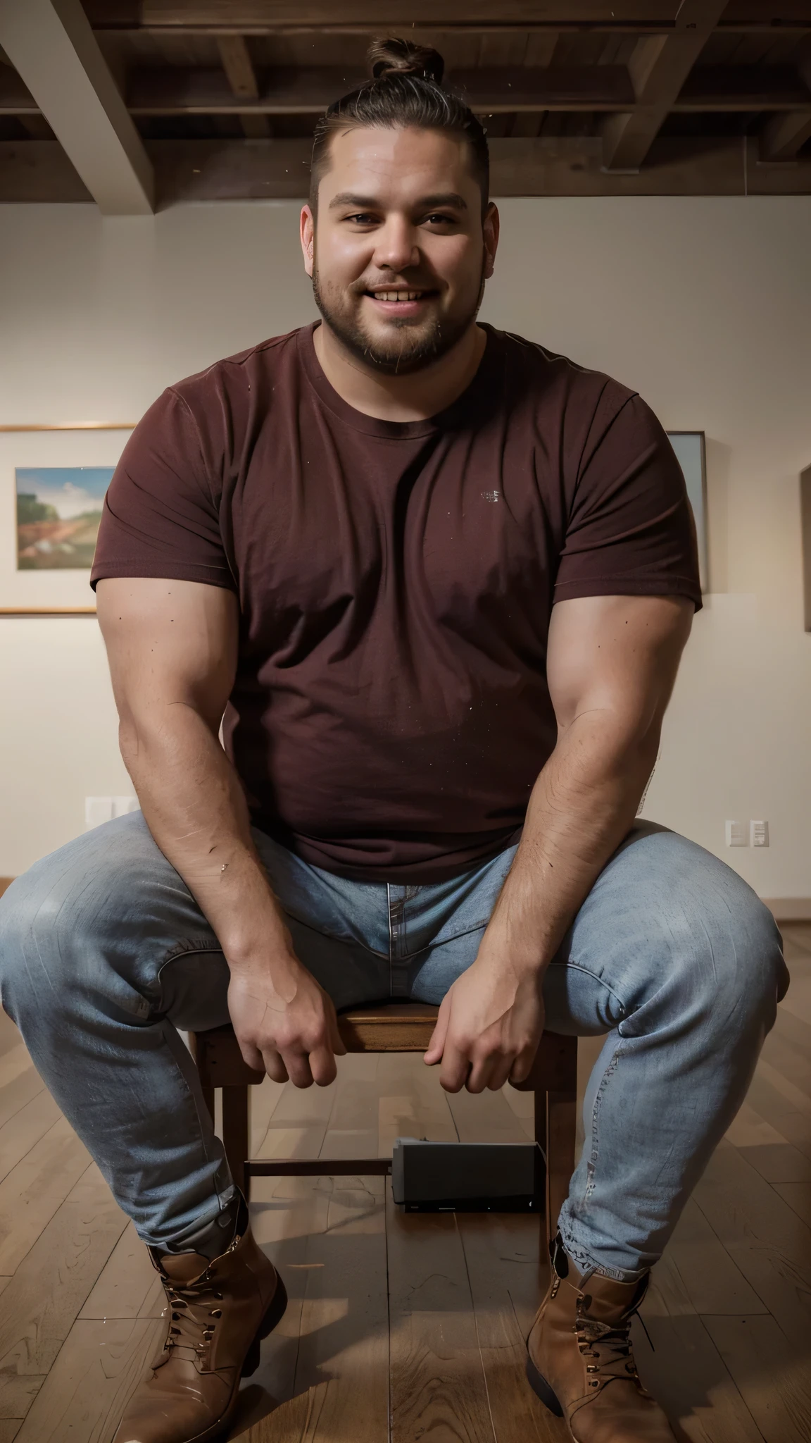 The best quality, Masterpiece, ultra-high-resolution, portrait, (photorealistic:1.4), RAW photo, Handsome manly overweight man, sitting in the art gallery, smile, top knot, with smooth crew neck t-shirt red color basic, jeans jeans, Boots, barba, detailed facial textures