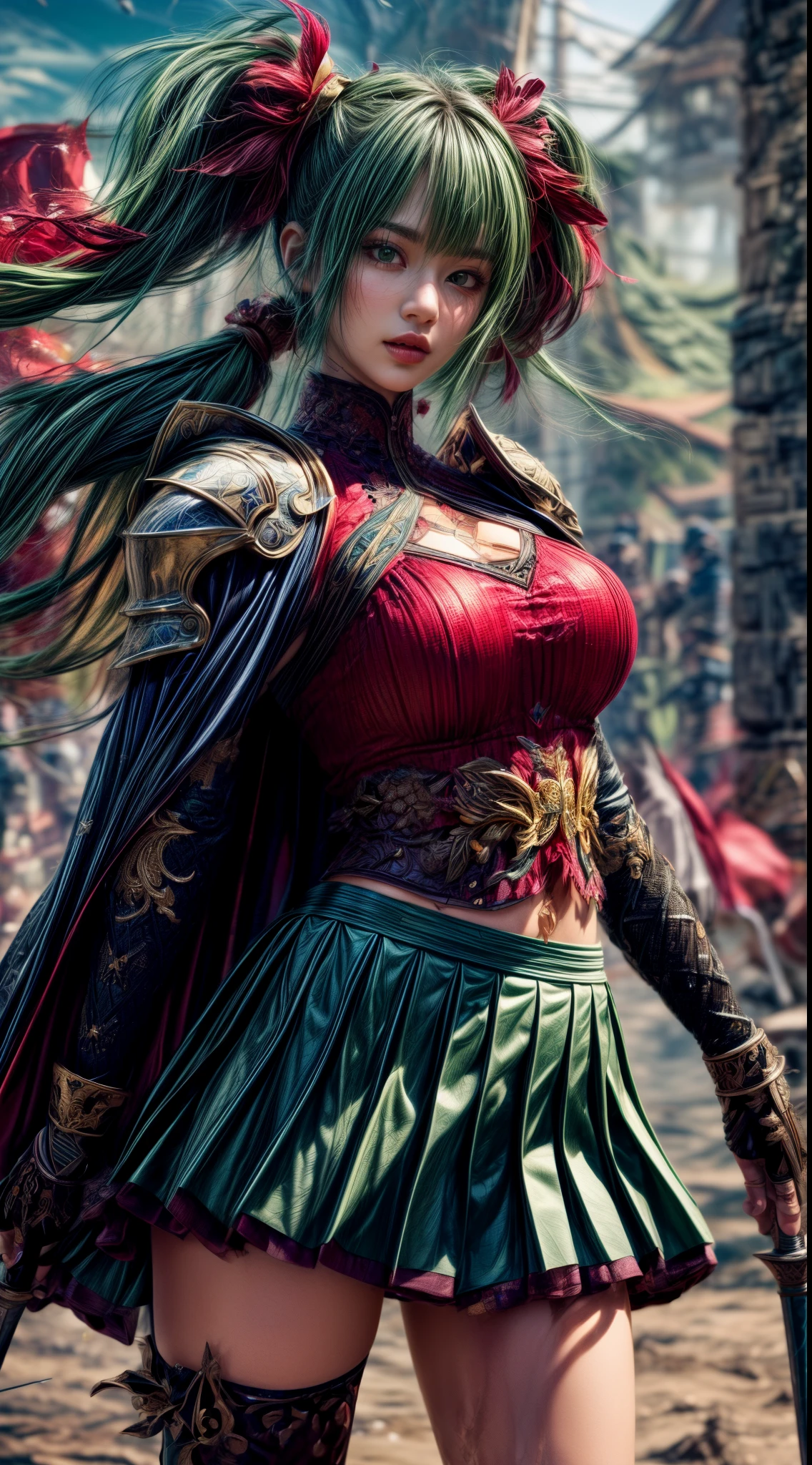 very cute 、No makeup、thin、(((Low length)))、(Detailed face)、Realistic Skin、((Holy Knight)), ((Dark green armor))、((((A black armor with extremely detailed and intricate decoration.:1.1))))、((Delicate photo))，(Girl Astepeace RAW Photo Details:1.25), (Highest quality:1.6), (Ultra-high resolution:1.5), (Realistic:1.75), 8K resolution, Canon EOS R5, 50mm, Absurd, Super detailed,Cinema Lighting,((Fightfield))、((Fight))、(((Decorative green skirt)))、Thigh-high socks、Shingard、((Dark green hair))、((Low twin tails))、((Bangle color hairstyle))、Get a six pack、Cape、Beautiful Armor、(((Has a huge weapon)))、(In combat)、The wind is blowing、((Symmetrical armor))、((((tornado))))、(((Lead a large group of knights:1.2)))、Banner、Lion-themed armor、(((Battle Scenes)))