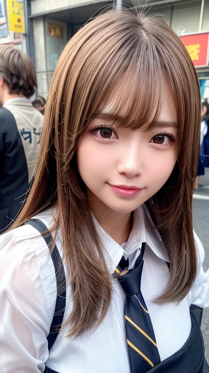 (8K, RAW Photos, Highest quality, masterpiece:1.2), (Realistic, photo-Realistic:1.4), (非常に詳細な 8K 壁紙), Sharp focus, Depth of written boundary, Boscinematic Lighting, Soft Light, 美しいAttention to detail目,shiny smooth light brown Long Bob Hair, Asymmetrical bangs, Shiny skin, High resolution, Attention to detail, Detailed hairstyle, Detailed face, hyper Realistic, Perfect limbs, Perfect Anatomy ,1 Japanese girl,Famous Japanese Idols, Perfect female body, Large Breasts,smile,short eyelashes,double eyelid,Long Bob Hair, (Schoolgirl Uniform : 1.3), View your viewers, (Crowded street:1.3),Cowboy Shot