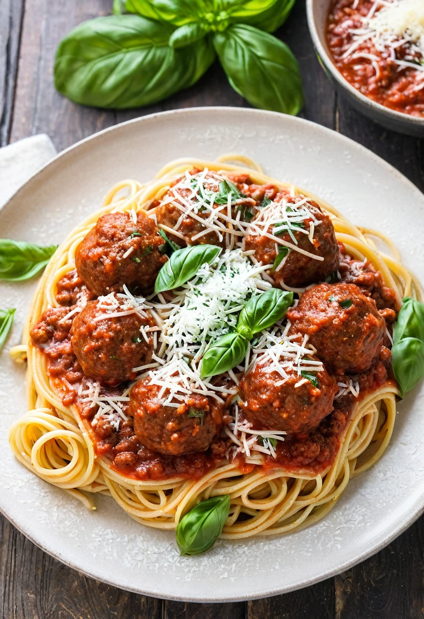 Create a photo of a plate of spaghetti with red sauce and 5 meatballs topped with grated cheese and basil.