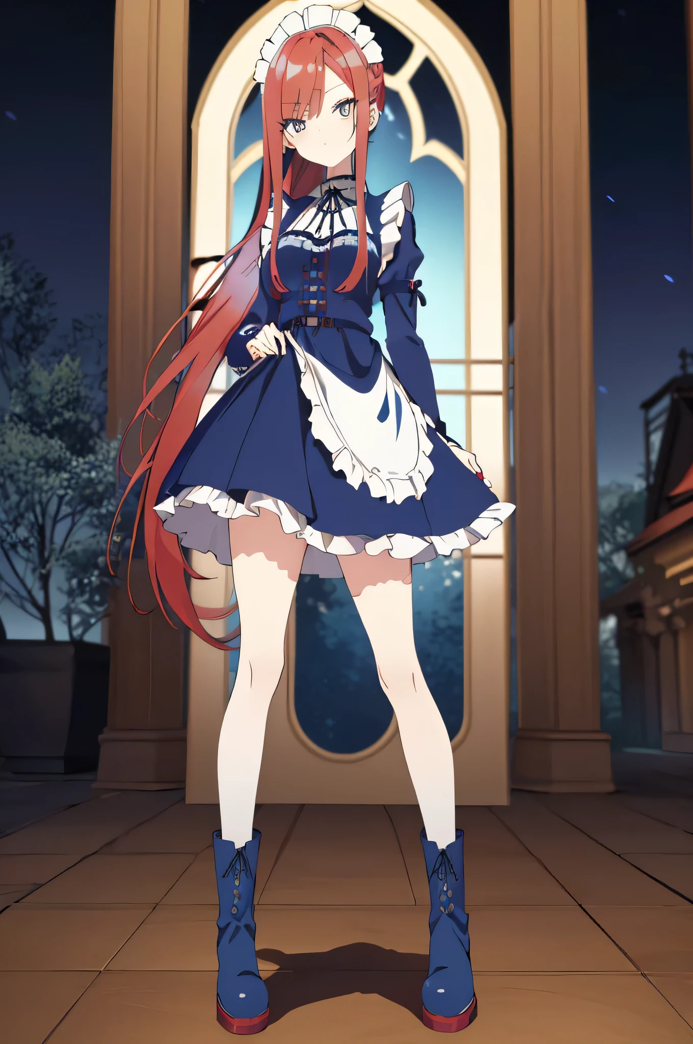 [(cathedral background:1.4)::5],original,(illustration:1.1),(best quality),(masterpiece:1.1),(extremely detailed CG unity 8k wallpaper:1.1), (colorful:0.9),(mid shot:0.95),(full body:1.5),Dynamic angle,(solo:1.2), (girl),((adult)), (detailed beautiful eyes:1.15), (beautiful face:1.15), (glowing red eyes:1.25////),((medium hair)),((split-color hair,red hair,blue hair)),(high twintails),(chignon),(+perfect hand+:1.21),(Draw an illustration of a gothic girl),(Religious),(slender),(is wearing boots on her feet),((is wearing white maid clothes)),(furious), Lace Off-shoulder ta fashion,beautiful slender woman,high twintails,((split-color hair,red hair,blue hair)),((split-color hair,red hair,blue hair)),from side,((split-color hair,red hair,blue hair)),