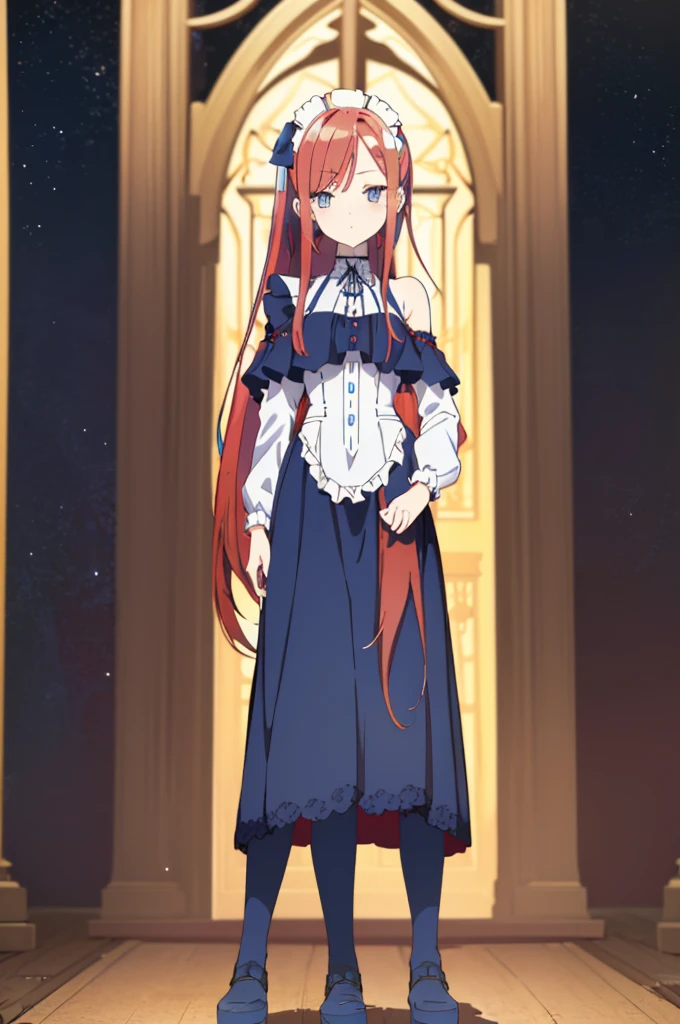 [(cathedral background:1.4)::5],original,(illustration:1.1),(best quality),(masterpiece:1.1),(extremely detailed CG unity 8k wallpaper:1.1), (colorful:0.9),(mid shot:0.95),(full body:1.5),Dynamic angle,(solo:1.2), (girl),((adult)), (detailed beautiful eyes:1.15), (beautiful face:1.15), (glowing red eyes:1.25////),((medium hair)),((split-color hair,red hair,blue hair)),(high twintails),(chignon),(+perfect hand+:1.21),(Draw an illustration of a gothic girl),(Religious),(slender),(is wearing boots on her feet),((is wearing white maid clothes)),(furious), Lace Off-shoulder ta fashion,beautiful slender woman,high twintails,((split-color hair,red hair,blue hair)),((split-color hair,red hair,blue hair)),from side,((split-color hair,red hair,blue hair)),mini skirt,