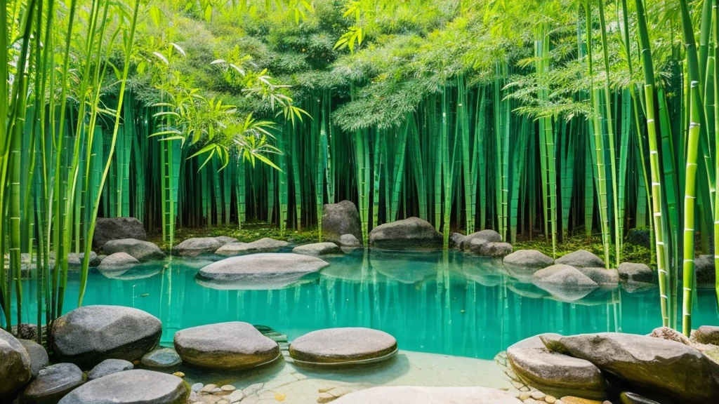 a serene and tranquil bamboo forest with crystal clear water, reflection of bamboo leaves and branches as the foreground, chinese mountains, bonsai, herons, clear lines and shading, sumi-e style on ancient parchment