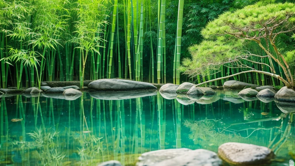 a serene and tranquil bamboo forest with crystal clear water, reflection of bamboo leaves and branches as the foreground, chinese mountains, bonsai, herons, clear lines and shading, sumi-e style on ancient parchment