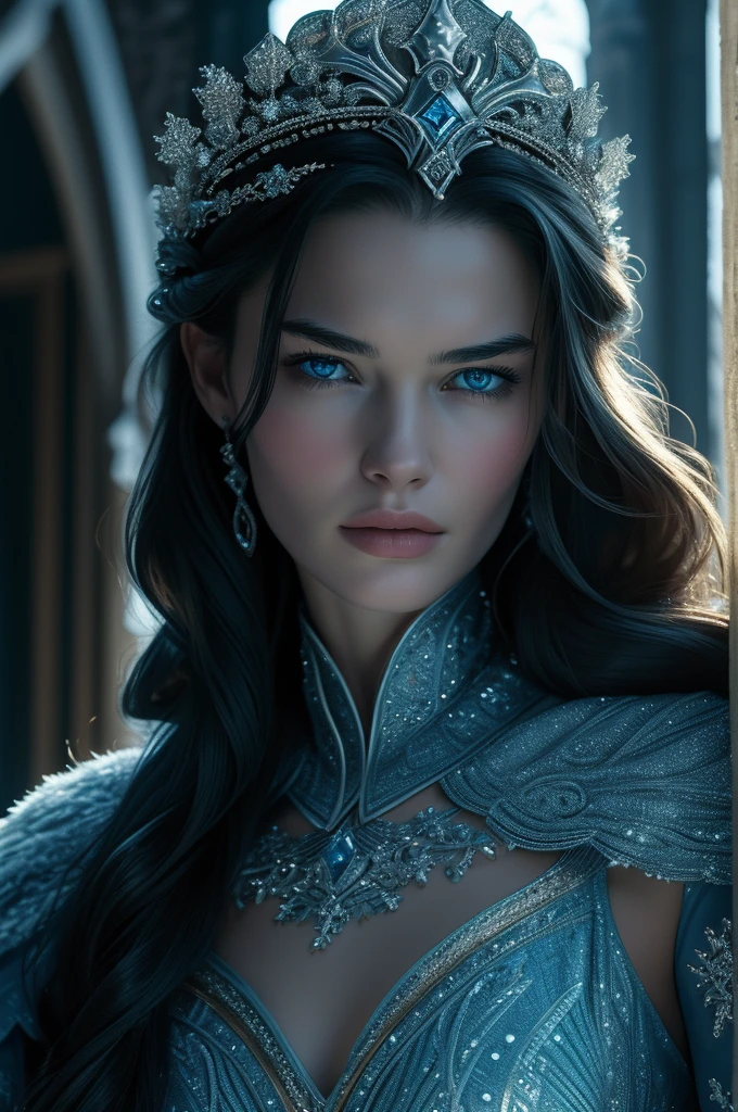 16 year old Lena Headey, ultra detailed face, ultra detailed blue eyes, long hair, (dress), tiara, winter, (((masterpiece)))