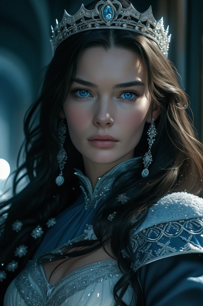  Lena Headey, ultra detailed face, ultra detailed blue eyes, long hair, (dress), tiara, winter, (((masterpiece)))