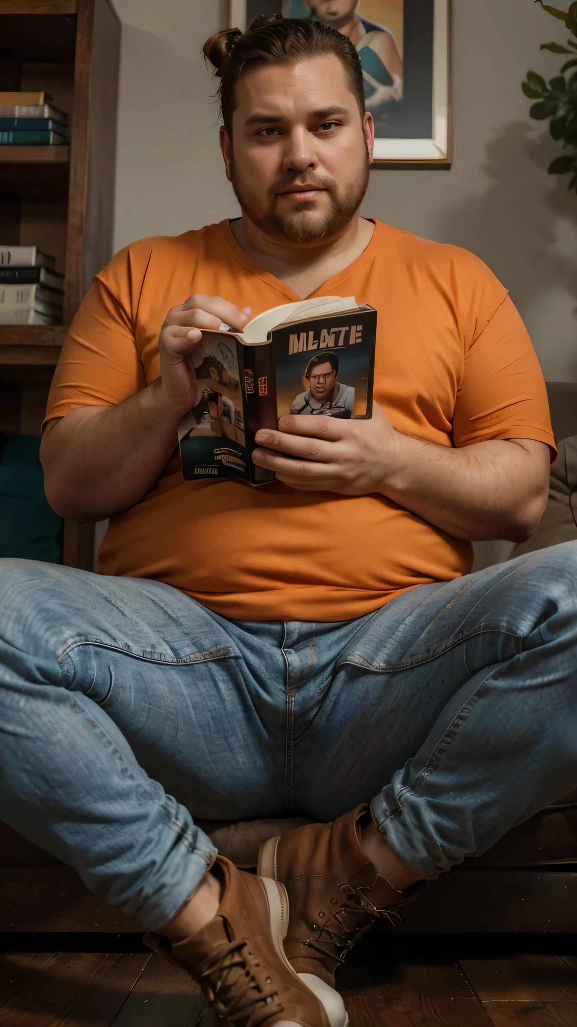 The best quality, Masterpiece, ultra-high-resolution, portrait, (photorealistic:1.4), RAW photo, Handsome manly overweight man, reading the book, interesing, top knot, with smooth crew neck shirt orange color basic, jeans jeans, Boots, barba, detailed facial textures